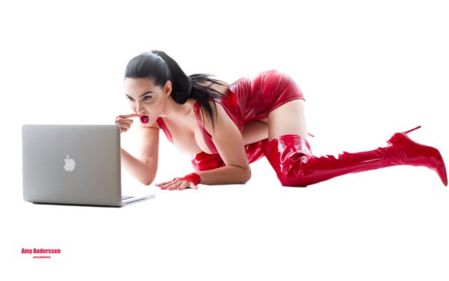 amy anderssen, brunette, adult model, exotic, pornstar, busty, sexy babe, long hair, latina, pornactress, posing, kneeling, tight clothes, latex, minidress, decollete, pvc, overknee boots, fetish babe, erotic, minimalist wall, shiny, rubber, fetish, laptop