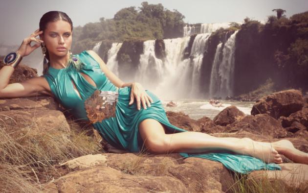 adriana lima, celebrity, model, dress, legs, feet, river, falls, waterfall