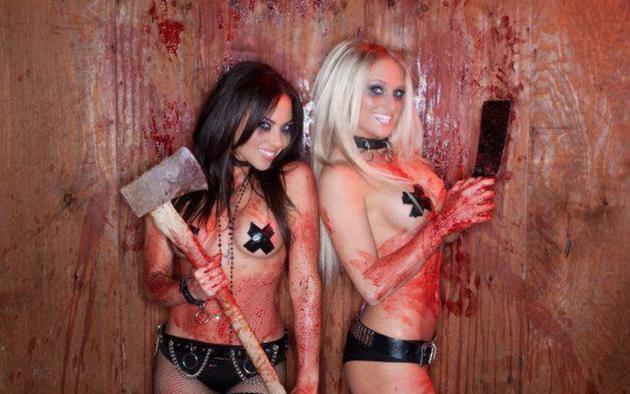 carla harvey, heidi shepherd, butcher babies, female vocal, nipple tape, hutchet, knife, leather panties, blood, axe, butchers knife, collar, smile, low quality, bad quality