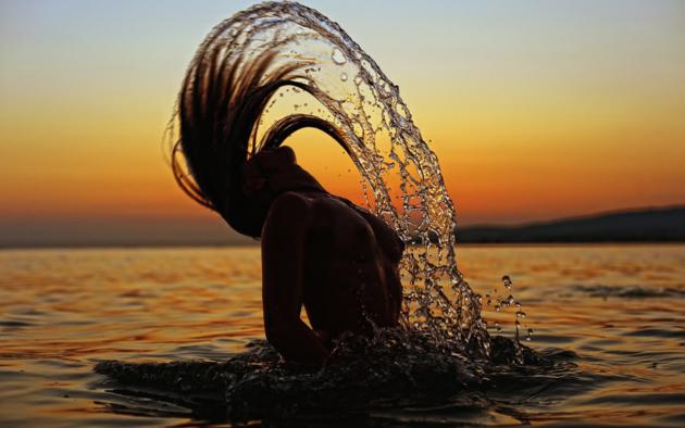 beach, sunset, topless, hair, fontain, tits, wet