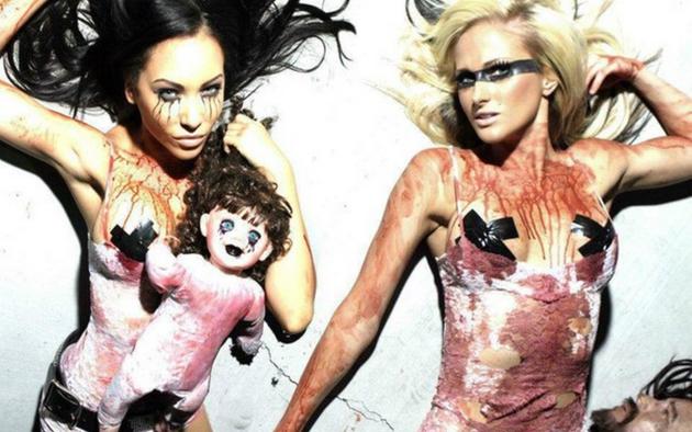 butcher babies, carla harvey, heidi shepherd, brunette, blonde, blood, nipple tape, bad quality, remove that, low quality