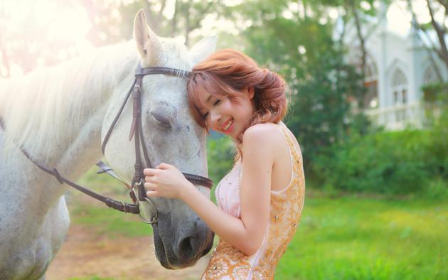 girl, asian, sweet, cute, smile, horse, outdoors