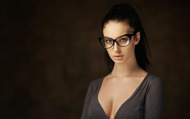 alla berger, brunette, face, portrait, glasses, widescreen cut, model, cleavage