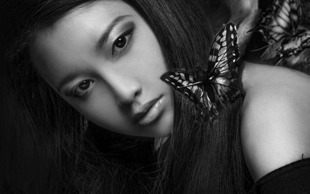 girl, butterfly, face, widescreen cut, black and white, asian, brunette