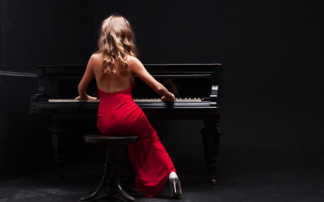 girl, sexy, dress, piano, music, red dress