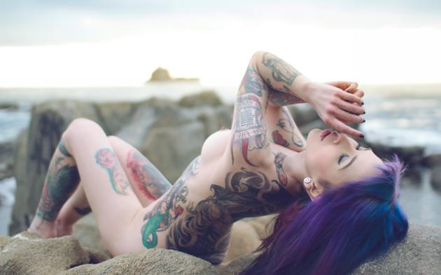 ilanna, sexy girl, hot girl, nude, shore, tattoo, suicide girls, purple hair, blue hair