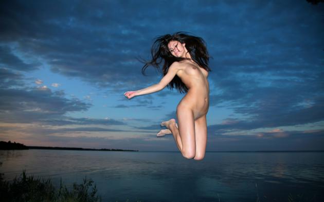 mariya, model, brunette, jumping, scenic, lake, beach, nude, eveninhg