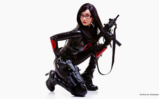 alodia, brunette, exotic, cosplayer, amateur, slim, asian, long hair, posing, kneeling, lycra, catsuit, pvc, knee boots, cosplay, the baroness, girls and guns, uzi, erotic, ultra, hi-q, best quality, minimalist wall, own cut, babes in boots