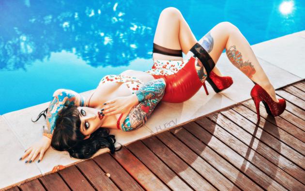 brunette, curvy, alternative, tattoo, fetish model, busty, outdoor, pool, tight clothes, multicolor, latex, miniskirt, stockings, legs, high heels, amazing eyes, pin up style, shiny clothes, fetish babe, body art, pin up, hugov photo