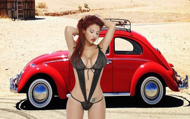 red head, lingerie, beetle, fusca, big tits, tits, boobs, volkswagen beetle, volkswagen