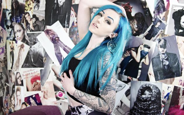 suicide girls, tattoo, blue hairs, bexcision, hi-q, sexy babe, long hair, body art, blue hair
