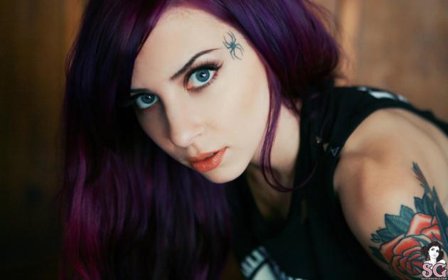 suicide girls, purple, spider, tattoo, purple hair