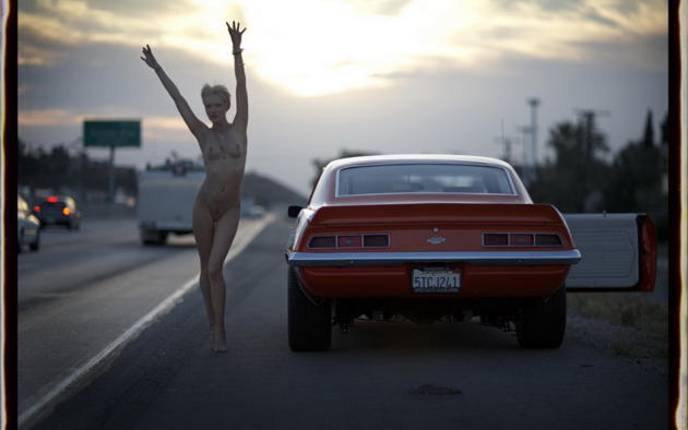 sveta, car, blonde, exhibitionist, outdoors, road, skinny, short hair, nude, pussy, tattoo, muscle car, public nudity, camaro, funny