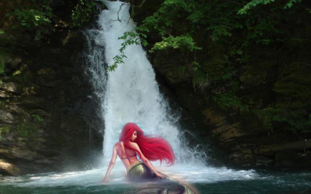 mermaid, redhead, waterfall, green, tail