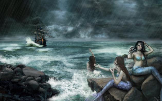 mermaid, 3 of, storm, waiting, for, ship, wreck