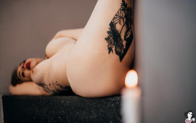 twitching allure, suicide girls, stairs, candle, twitchling, tattoo, flame, boobs, big tits