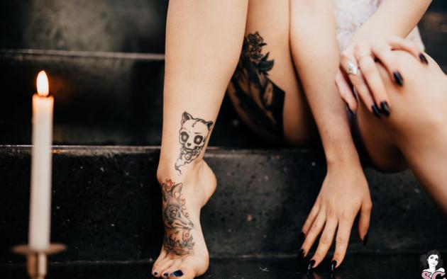 twitching allure, suicide girls, closeup, ankle, tattoo, twitchling, stairs, staircase, candle