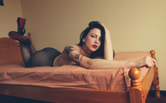 young, brunette, tattoo, alternative model, sexy babe, long hair, laying, bed, pantyhose, legs, high heels, erotic, pantyhose fetish, nice rack, sexy ass, red lips