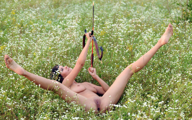 suzanna a, susi r, nadia p, brunette, outdoors, field, naked, big tits, shaved pussy, labia, ass, spread legs, bow and arrow, hi-q