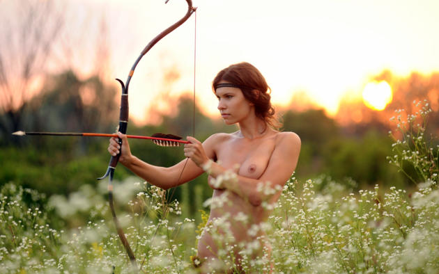 suzanna a, susi r, nadia p, brunette, outdoors, field, naked, sunset, big tits, perky nipples, bow and arrow, hi-q, bow, arrow