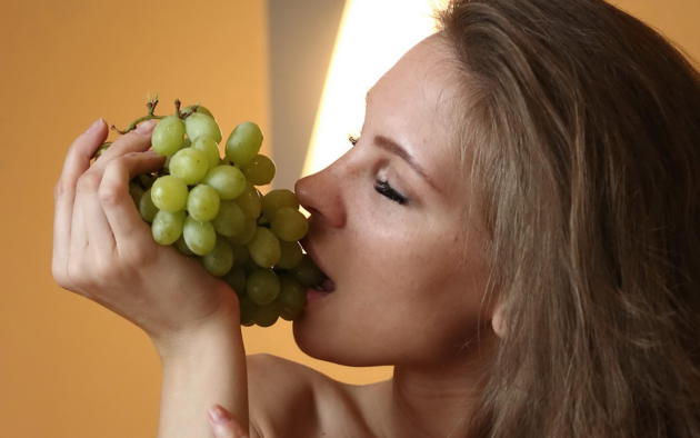 cecelia, averotica, brunette, grapes, face