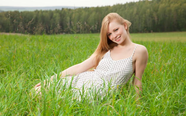 annet a, long hair, redhead, grass, smile, non nude, summer dress, anett a