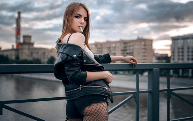 vasilisa sarovskaya, model, pretty, brunette, russian, leather jacket, shorts, fishnet, river, moscow, 4k, uhd, cigarette