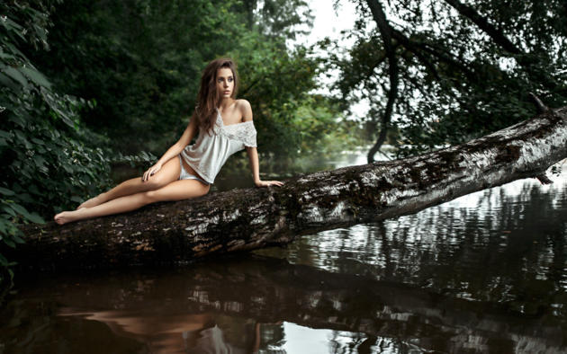 ksenia kokoreva, model, pretty, babe, brunette, undies, panties, legs, river, trunk, outdoors, nature, 4k, uhd, lingerie, georgy chernyadyev studio