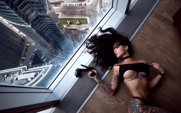 angelica anderson, model, dark hair, big tits, tits, boobs, pants, tattoo, stiletto, window, moscow, 4k, uhd, skyscraper, tattoos, body art, point of view, skyscrapers