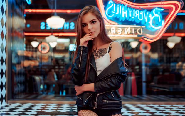 vasilisa sarovskaya, model, pretty, babe, brunette, russian, leather jacket, tattoo, fishnet, no nude, 4k, uhd