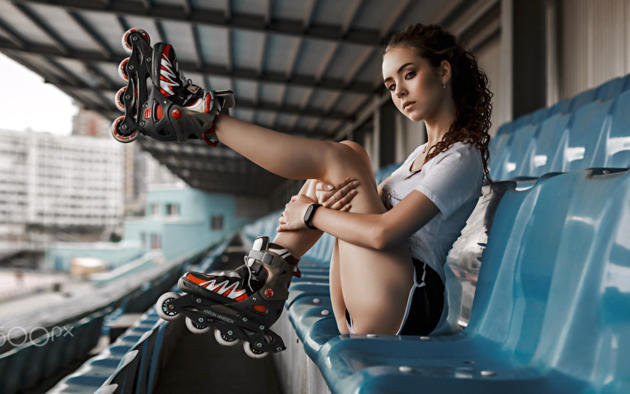 elena borisova, model, brunette, russian, rollerskates, legs, stadium, 4k, roller skates, inline skates