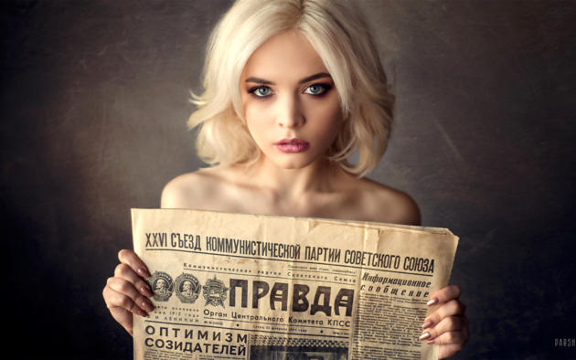 kristina mamatyukova, model, pretty, babe, blonde, blue eyes, russian, sensual lips, juicy lips, newspaper, face, pravda, 4k