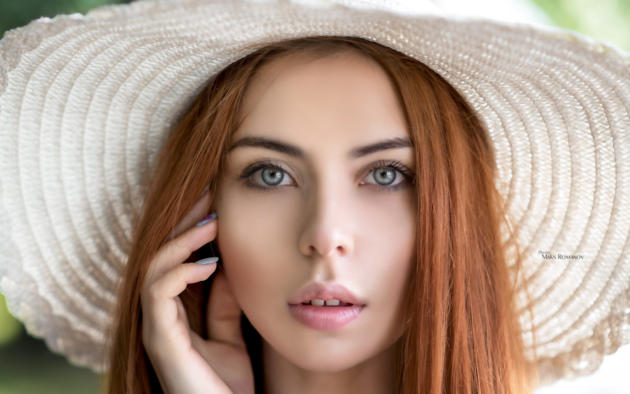 model, pretty, babe, russian, redhead, green eyes, sensual lips, hat, 4k, face