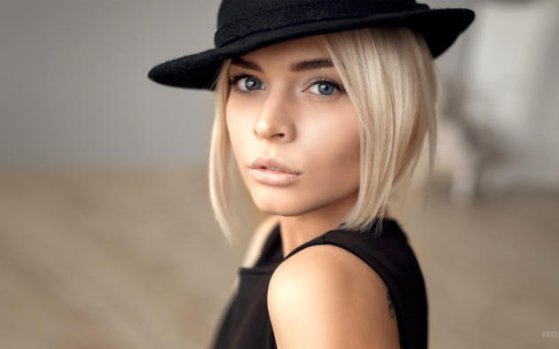 kristina mamatyukova, model, pretty, babe, blonde, russian, blue eyes, hat, sensual lips, beautiful, face, 4k, portrait
