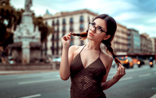 model, pretty, babe, brunette, pigtails, glasses, sensual lips, dress, outdoors, 4k, depth of field, delaia gonzalez