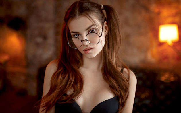 elina loseva, model, pretty, babe, brunette, russian, ponytails, glasses, sensual lips, face, georgy chernyadyev studio, bra, nerdy, oral fixation