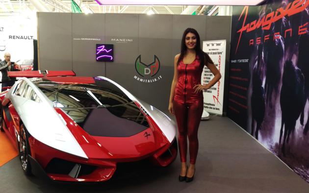 asfane, car, italy, girl, smile, red dress, cars show, red car