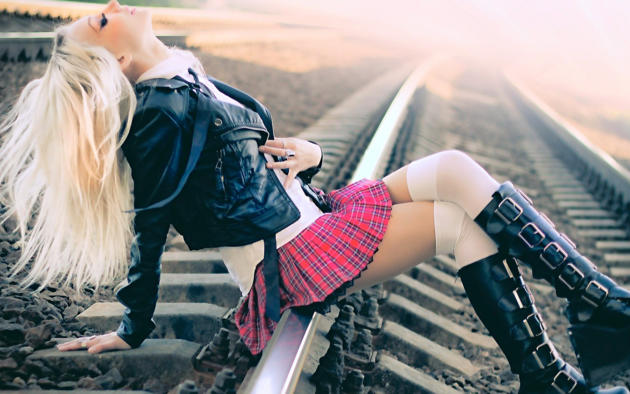 model, blonde, leather jacket, skirt, boots, school girl, railway, no nude, railline, depth of field, schoolgirl, stockings, uniform fetish, babes in boots
