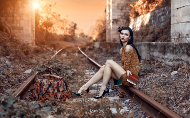 model, brunette, russian, dress, legs, stilettos, bag, railway, 4k, depth of field, railroad, rails, railline, tracks