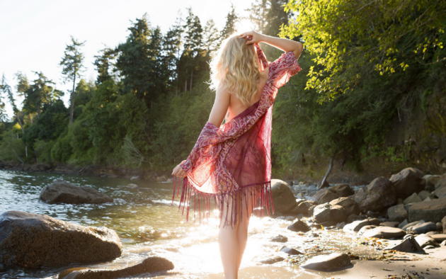 maya rae, swimsuit, blonde, lake