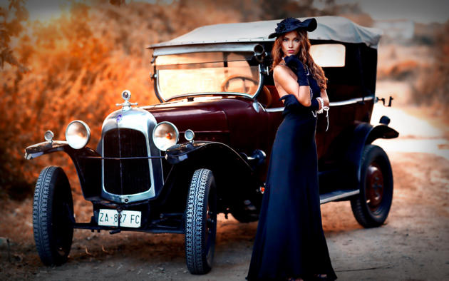 model, pretty, babe, brunette, hat, dress, car, vintage car, depth of field, 4k