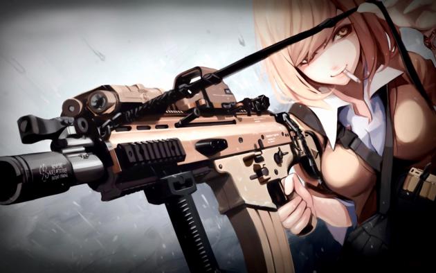 girl, blonde, cigarette, gun machine, anime