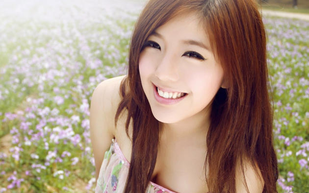 young girl, model, brunette, posing, outside, smile, flowers, asian, zhao yihuan