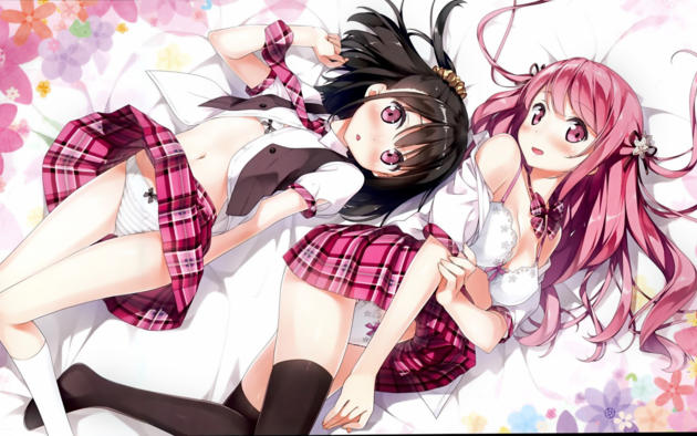 kurumi, shizuku, pink hair, dark hair, uniform, knee socks, panties, anime, schoolgirls, schoolgirl