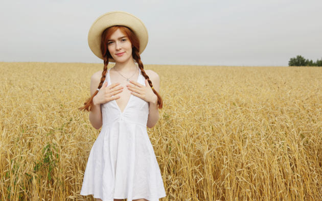 jia lissa, redhead, outdoors, wheat, field, dress, hat, pigtails, smile, hi-q, non nude