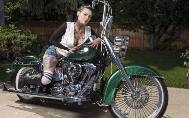 darcy diamond, brunette, harley davidson, motorcycle, non nude, shorts, cleavage, boobs, tattoos, leather, boots, knee socks, hi-q, denim shorts