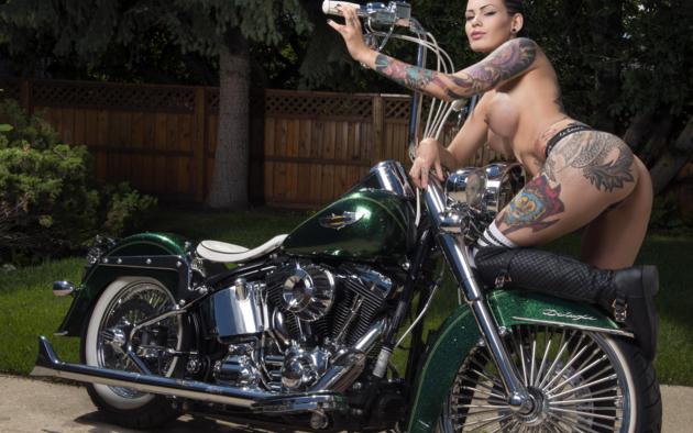 darcy diamond, brunette, harley davidson, motorcycle, panties, naked, big tits, nipples, tattoos, knee socks, leather, boots, hi-q, tattoo