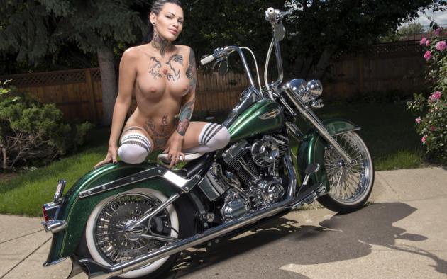 darcy diamond, brunette, harley davidson, motorcycle, naked, big tits, nipples, shaved pussy, tattoos, knee socks, hi-q, tattoo