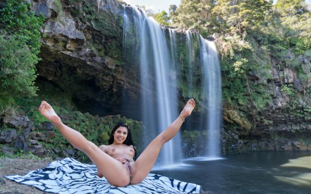 gina valentina, brunette, outdoors, waterfall, naked, tits, nipples, pussy, labia, ass, anus, spread legs, smile, hi-q