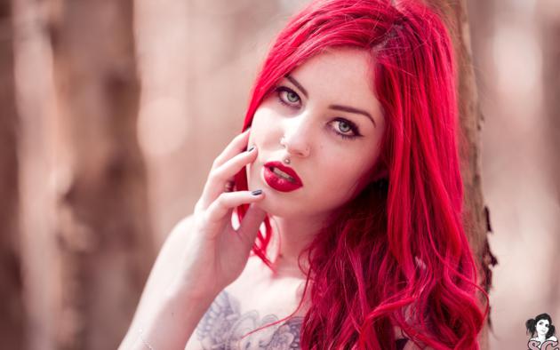 suicide girls, brunabruce, tattoo, redhead, red lips, face